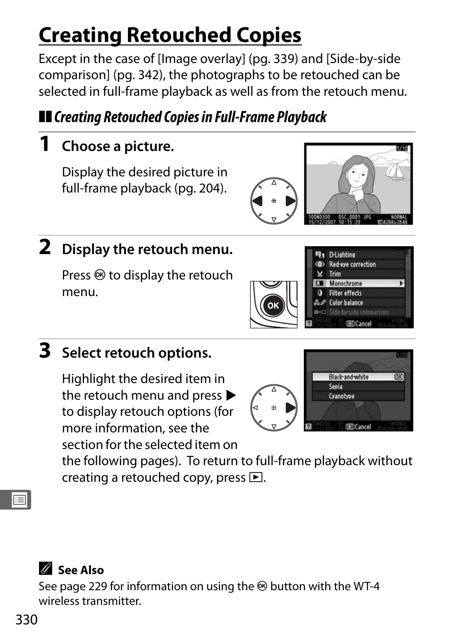 Creating retouched copies | Nikon D300 User Manual | Page 356 / 452