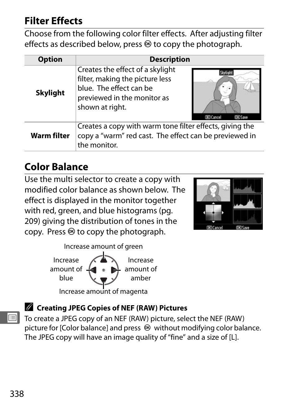 Filter effects, Color balance | Nikon D300 User Manual | Page 364 / 452