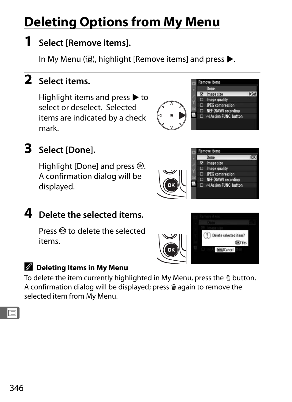 Deleting options from my menu | Nikon D300 User Manual | Page 372 / 452