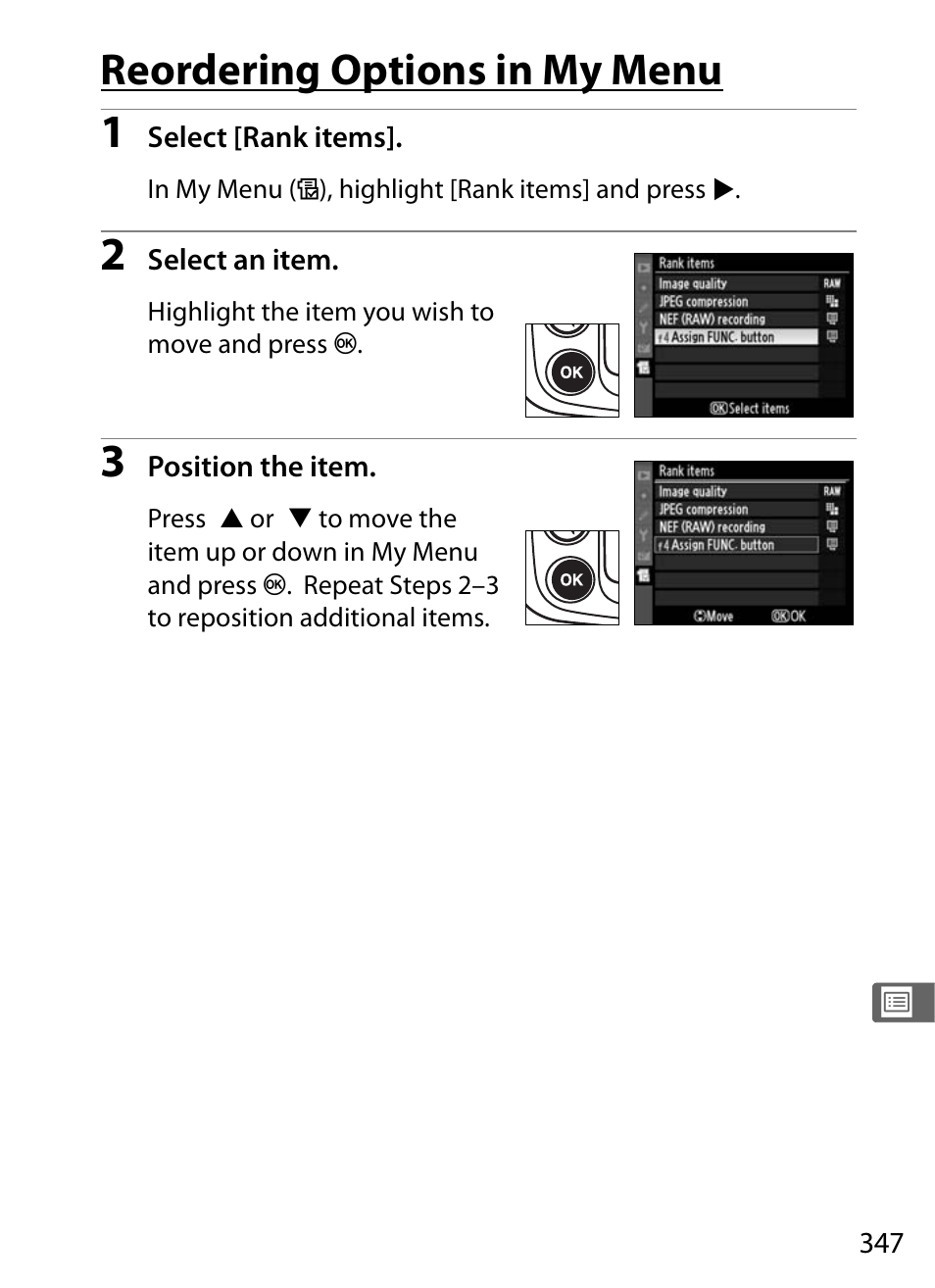 Reordering options in my menu | Nikon D300 User Manual | Page 373 / 452