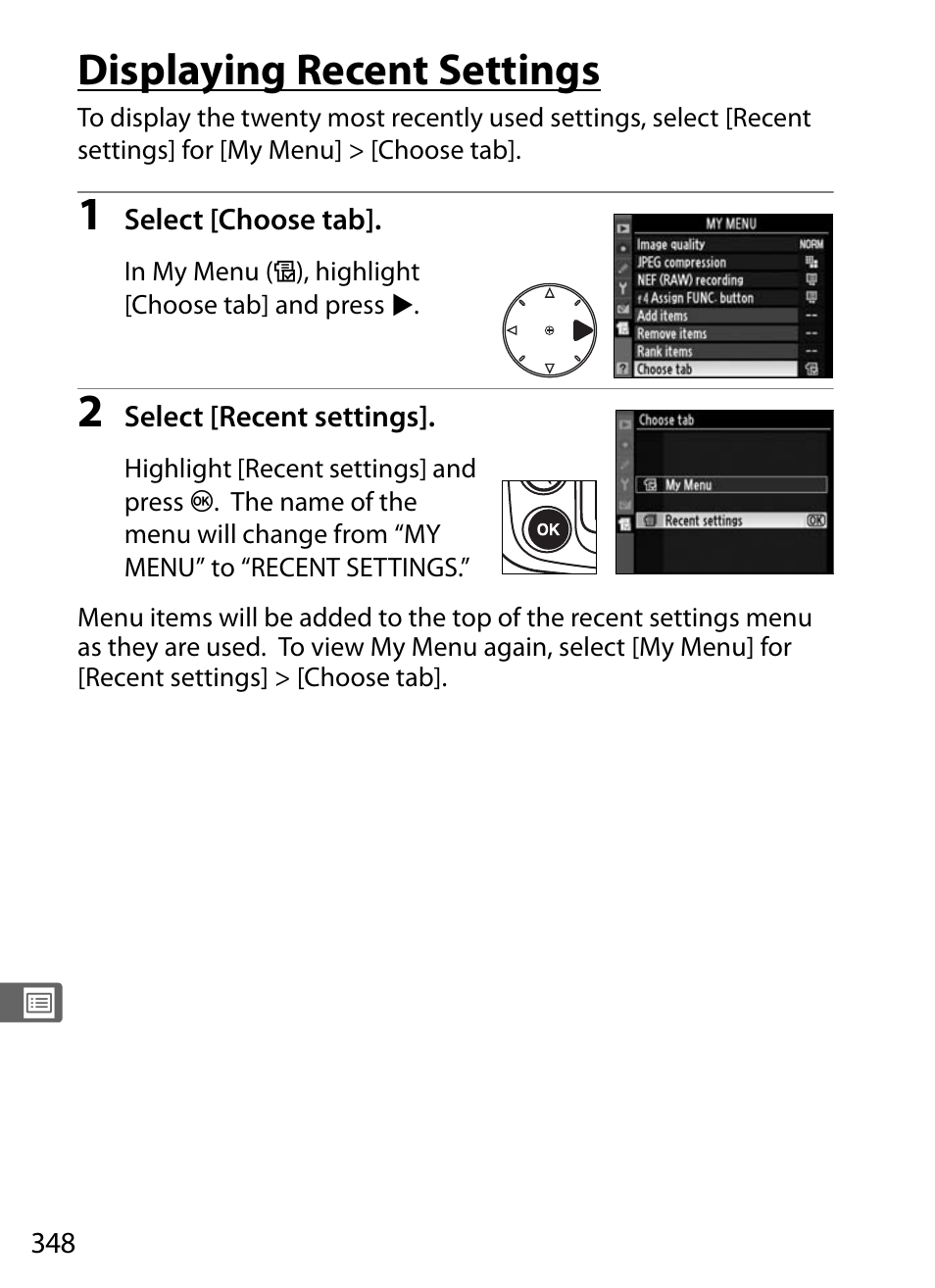 Displaying recent settings | Nikon D300 User Manual | Page 374 / 452