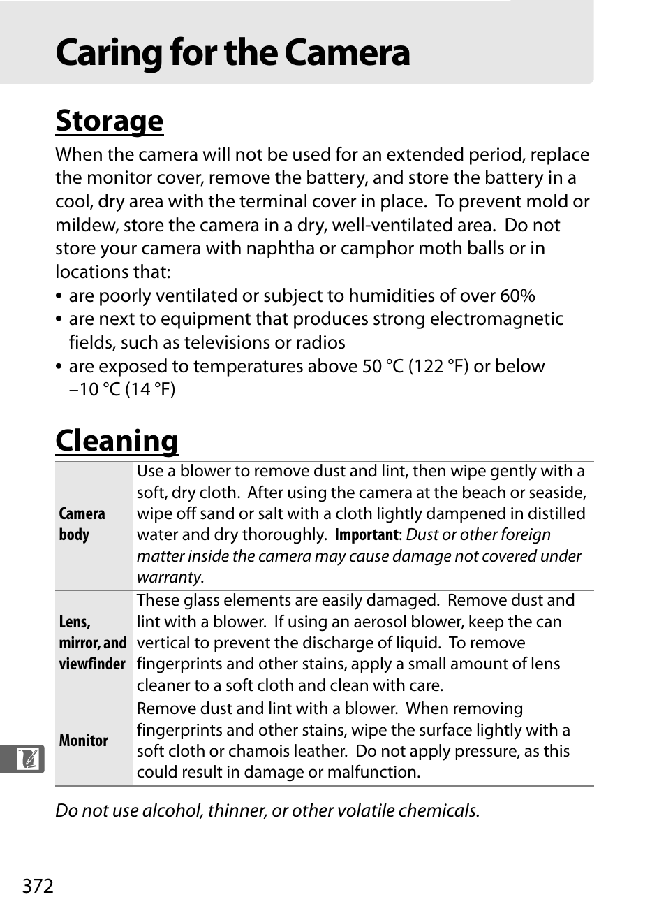 Caring for the camera, Storage, Cleaning | Nikon D300 User Manual | Page 398 / 452