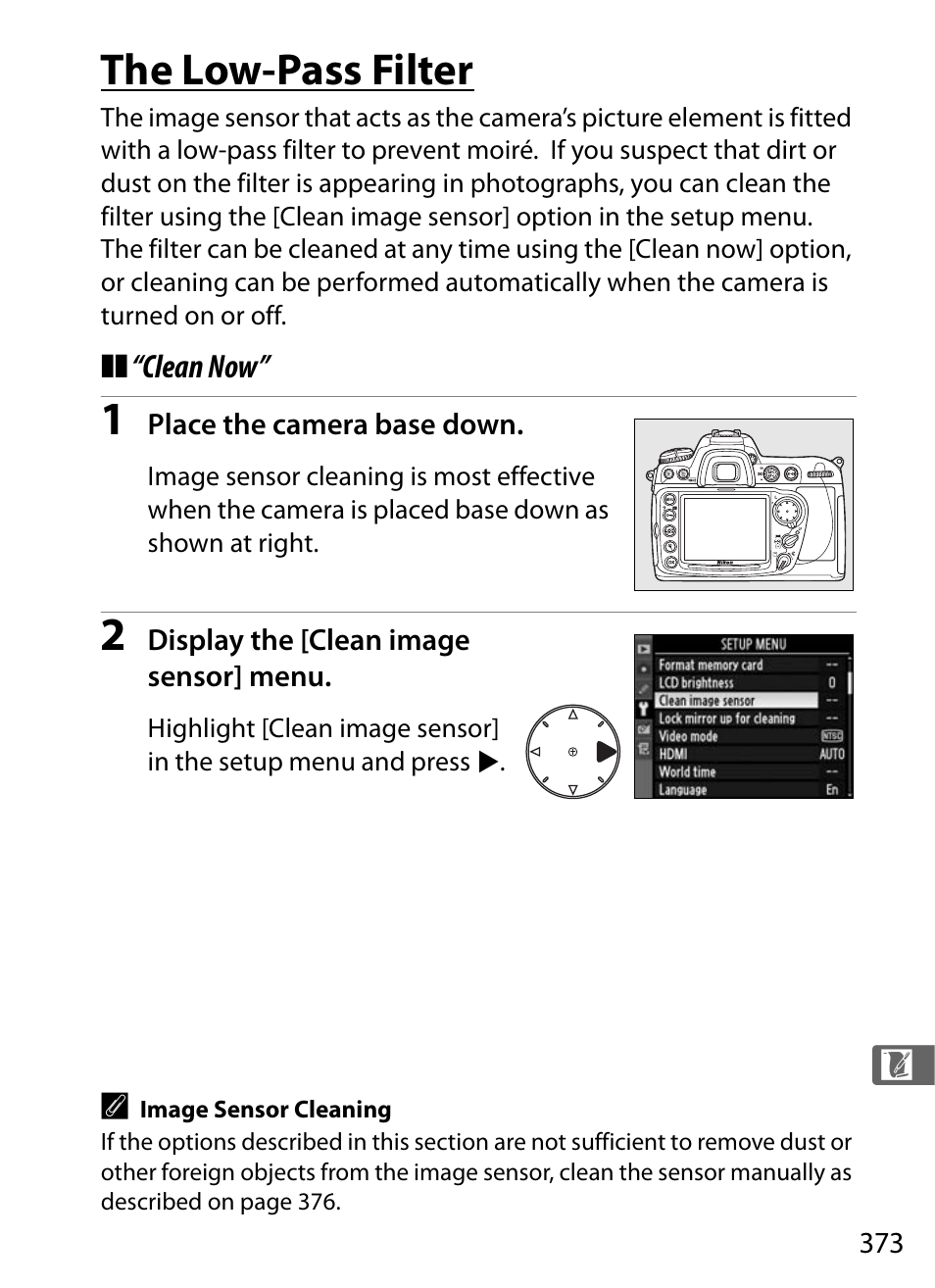 The low-pass filter, Clean now | Nikon D300 User Manual | Page 399 / 452