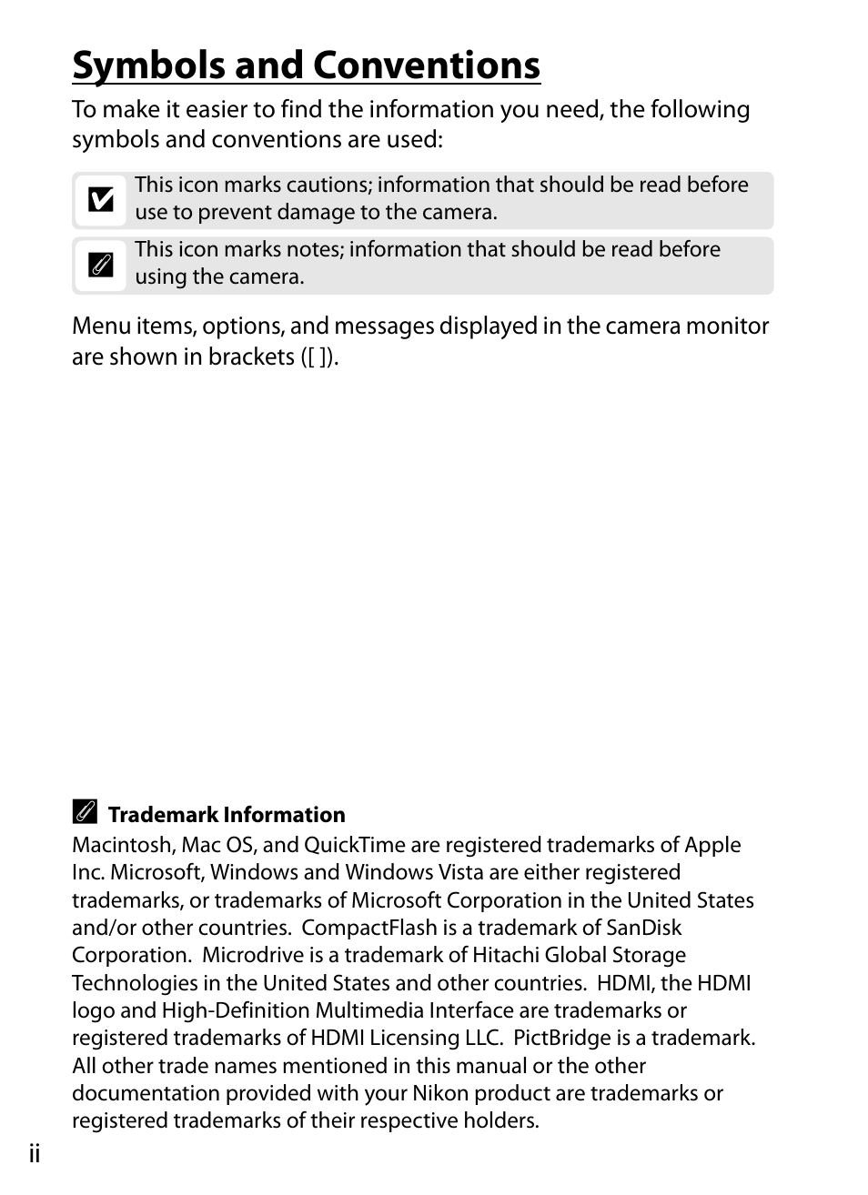 Symbols and conventions | Nikon D300 User Manual | Page 4 / 452