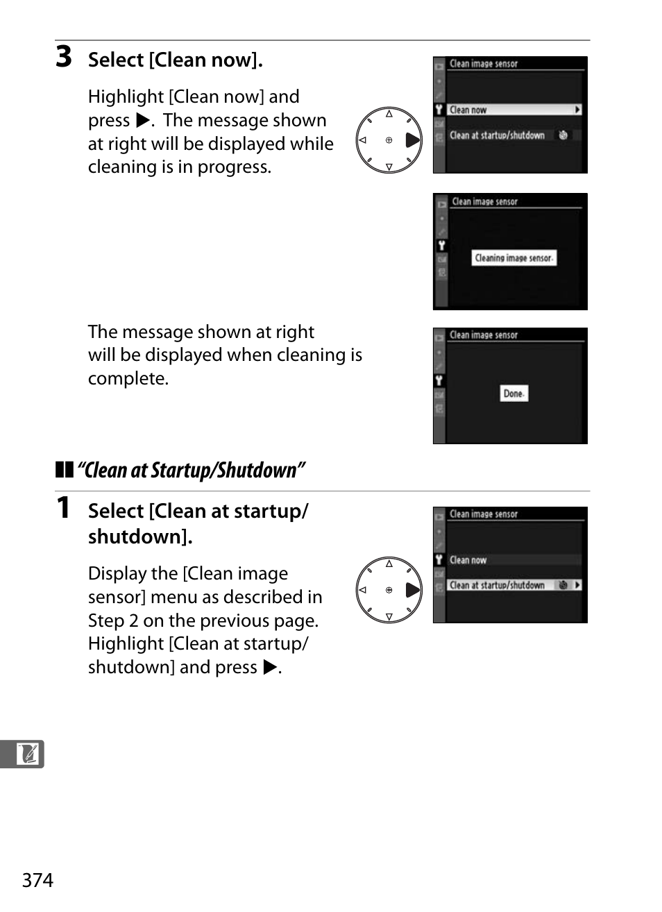 Clean at startup/shutdown | Nikon D300 User Manual | Page 400 / 452