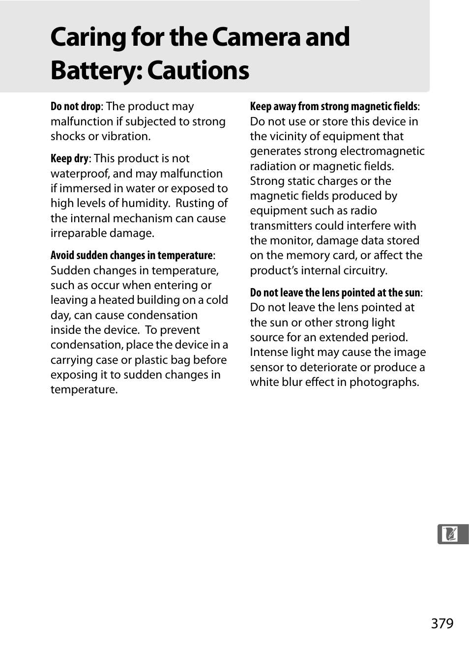 Caring for the camera and battery: cautions | Nikon D300 User Manual | Page 405 / 452