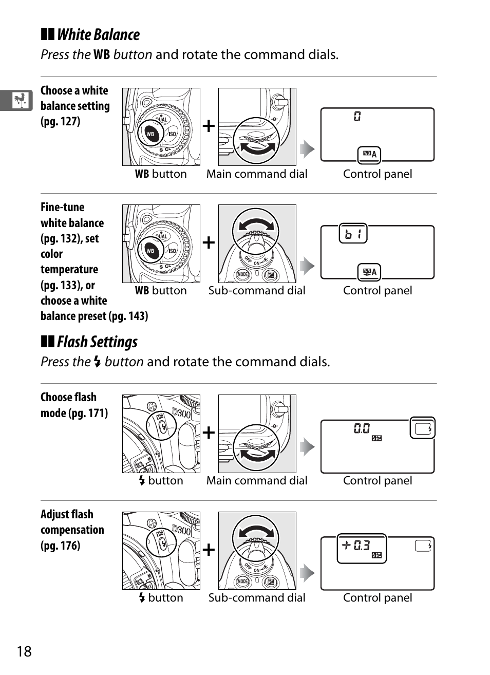 White balance, Flash settings | Nikon D300 User Manual | Page 44 / 452