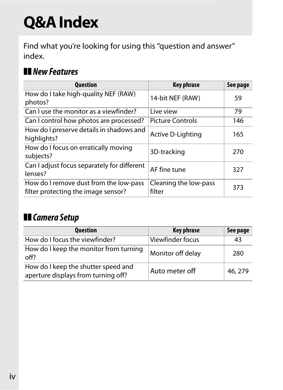 Q&a index, New features ❚❚ camera setup | Nikon D300 User Manual | Page 6 / 452
