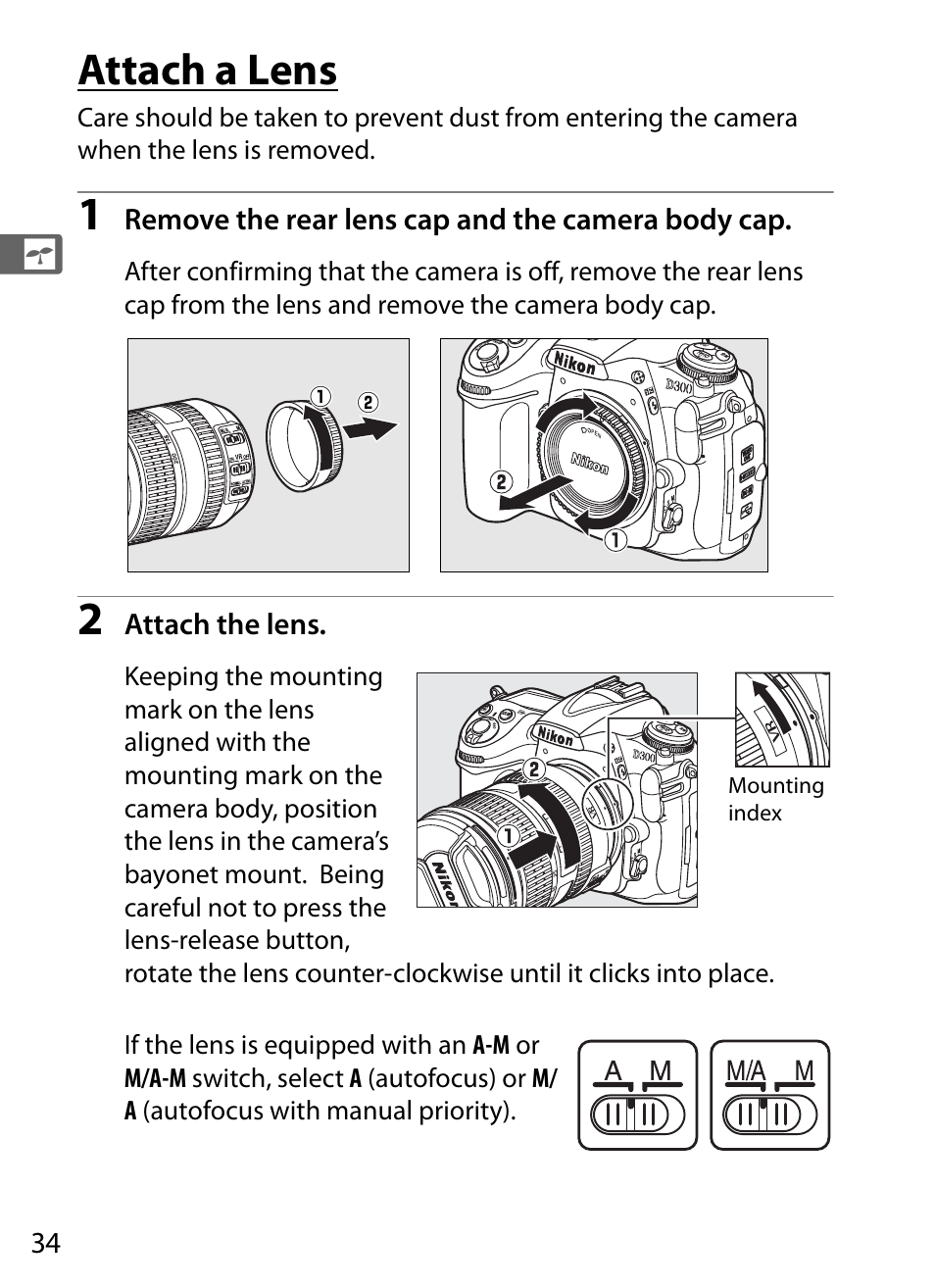 Attach a lens | Nikon D300 User Manual | Page 60 / 452