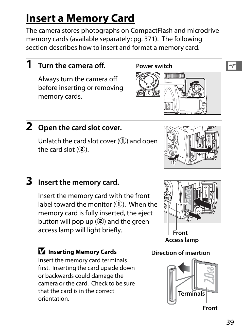 Insert a memory card | Nikon D300 User Manual | Page 65 / 452