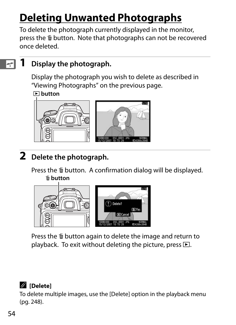 Deleting unwanted photographs | Nikon D300 User Manual | Page 80 / 452