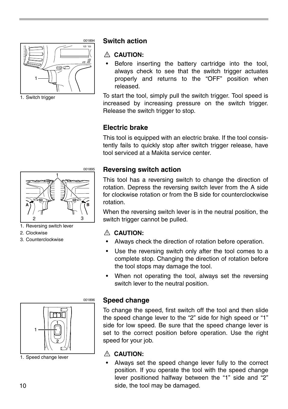 Switch action, Electric brake, Reversing switch action | Speed change | Northern Industrial Tools 6237D User Manual | Page 10 / 20