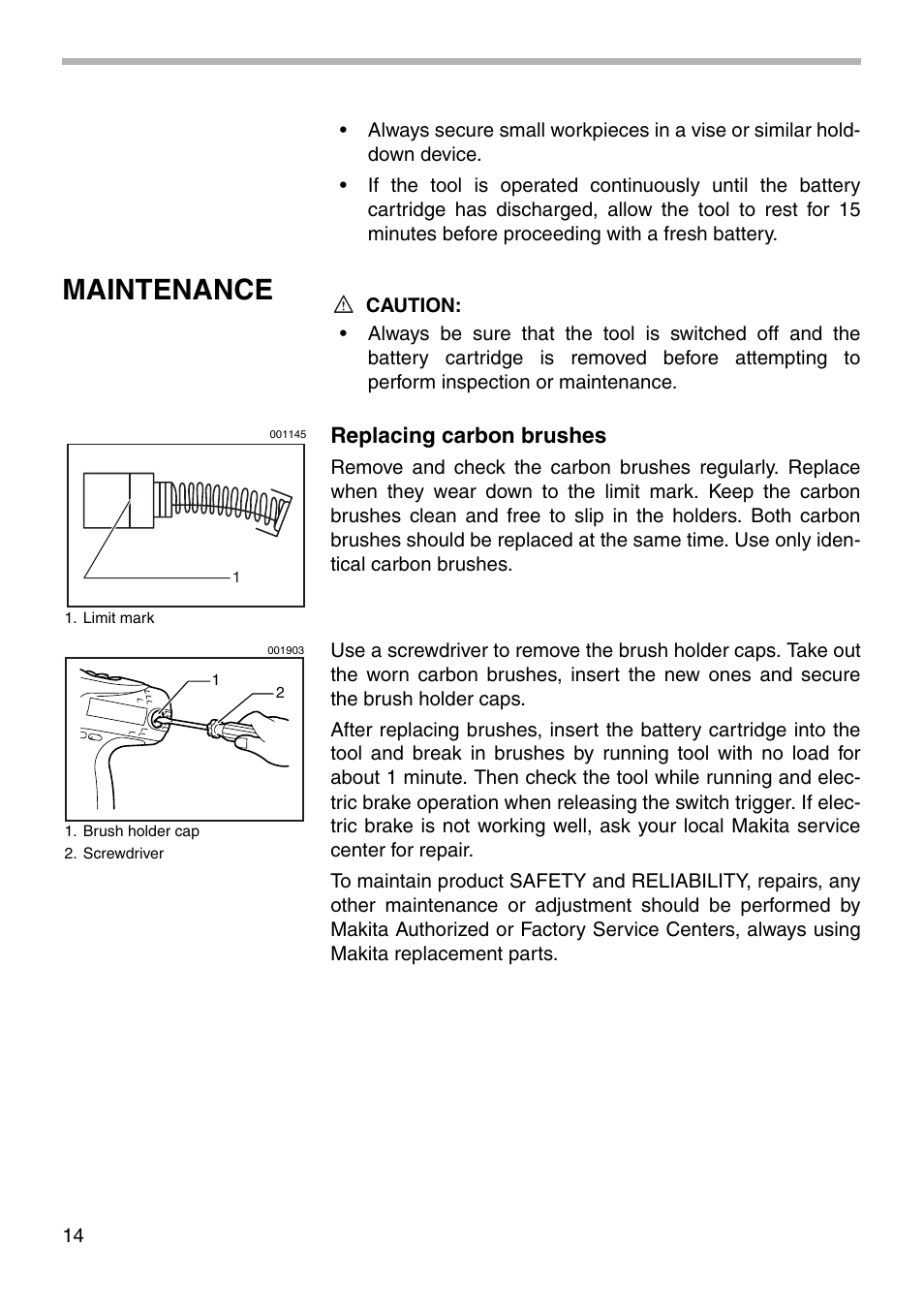 Maintenance, Replacing carbon brushes | Northern Industrial Tools 6237D User Manual | Page 14 / 20