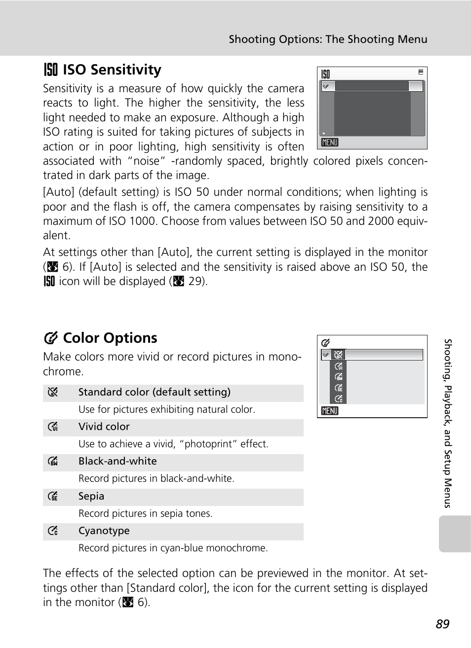 Iso sensitivity, Color options, Ity (c 89 | C 89), and, Wiso sensitivity, Dcolor options | Nikon S500 User Manual | Page 101 / 147