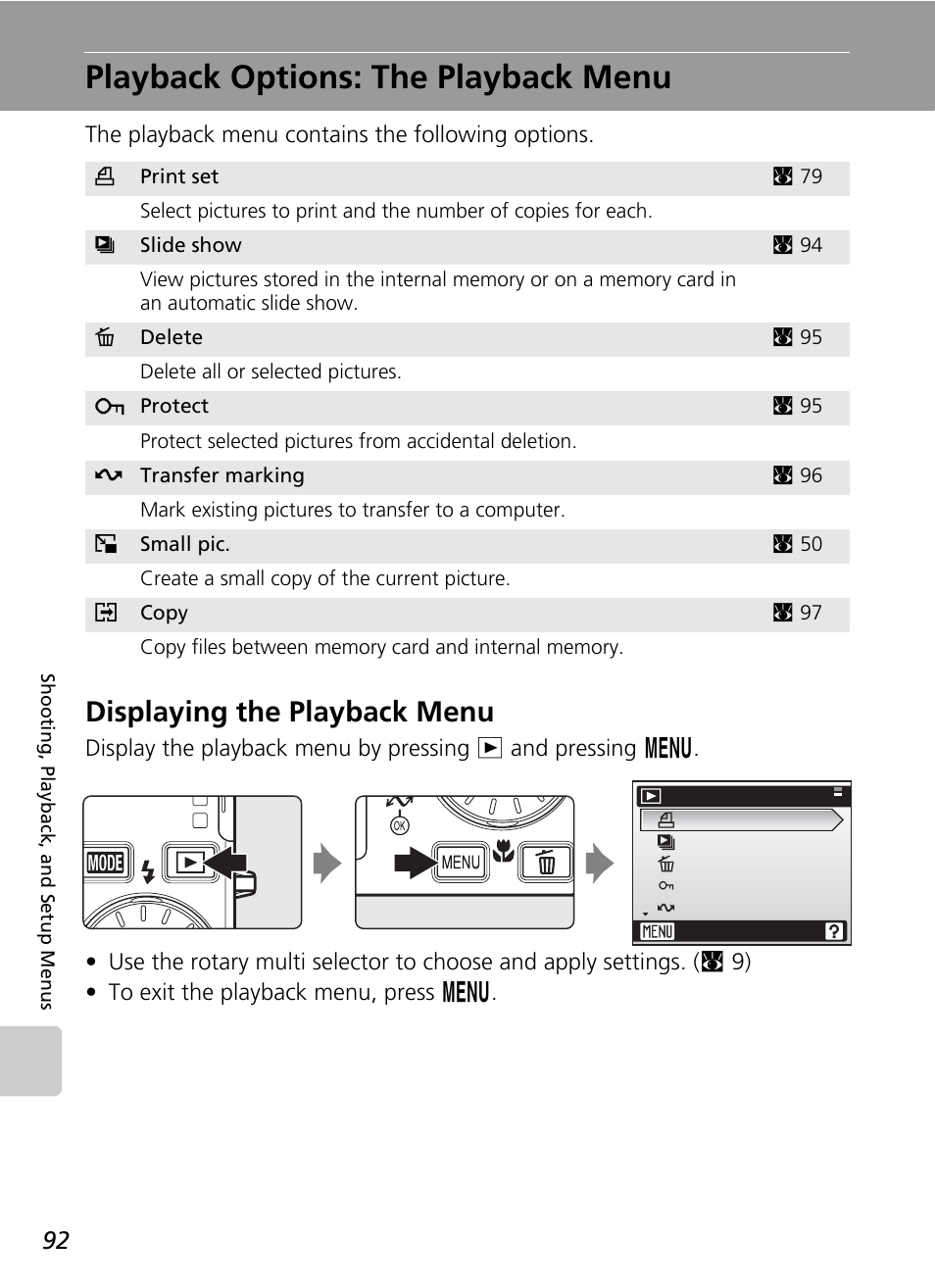 Playback options: the playback menu, Displaying the playback menu, C 92) | Nikon S500 User Manual | Page 104 / 147