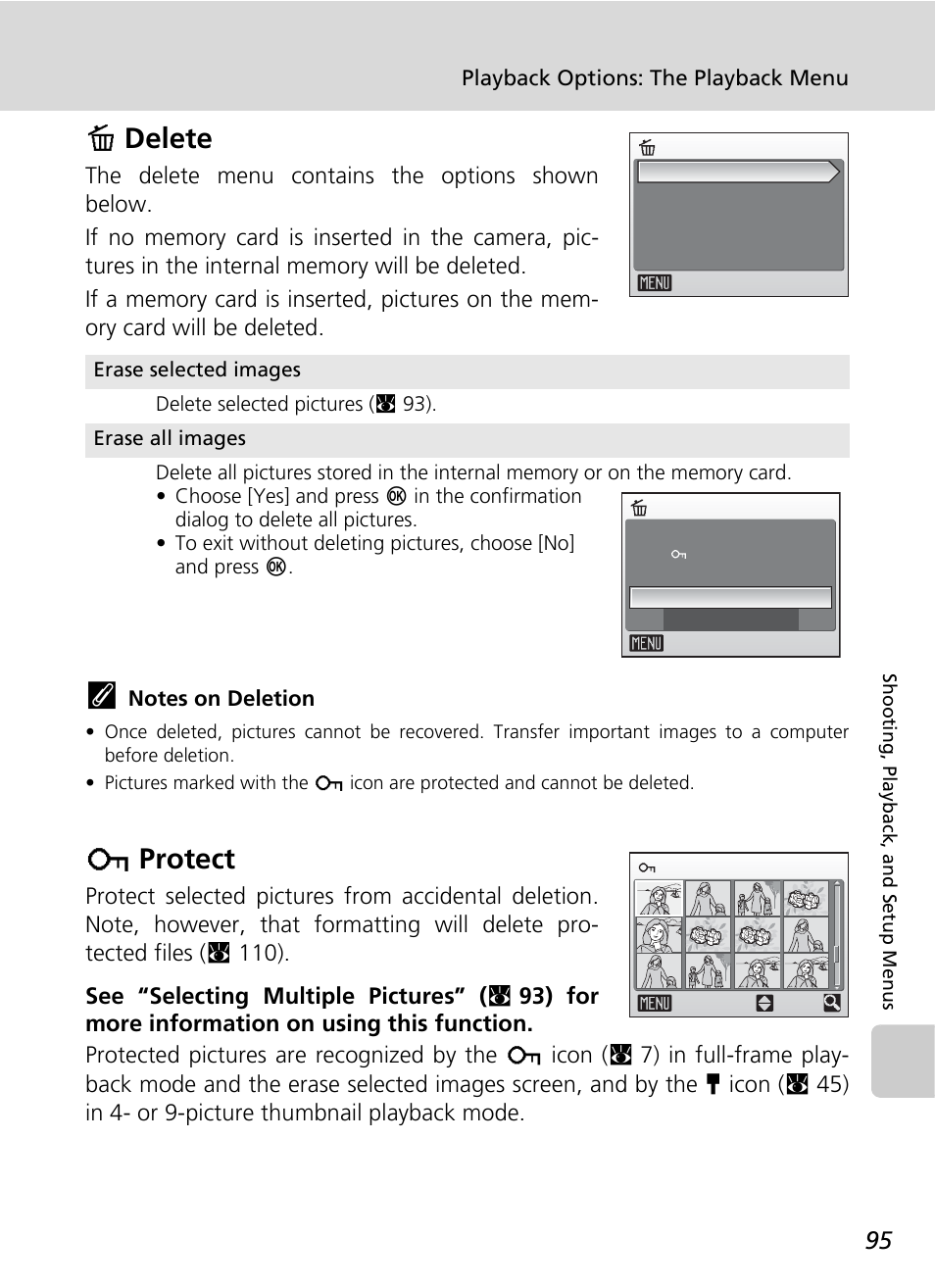 Delete, Protect, C 95) | On (c 95), Adelete, Dprotect | Nikon S500 User Manual | Page 107 / 147