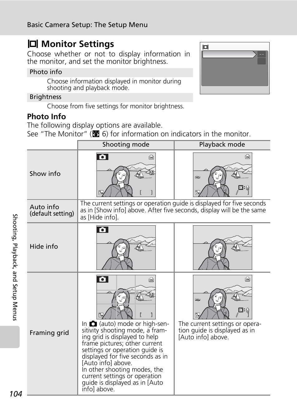 Monitor settings, Zmonitor settings, Photo info | Basic camera setup: the setup menu | Nikon S500 User Manual | Page 116 / 147