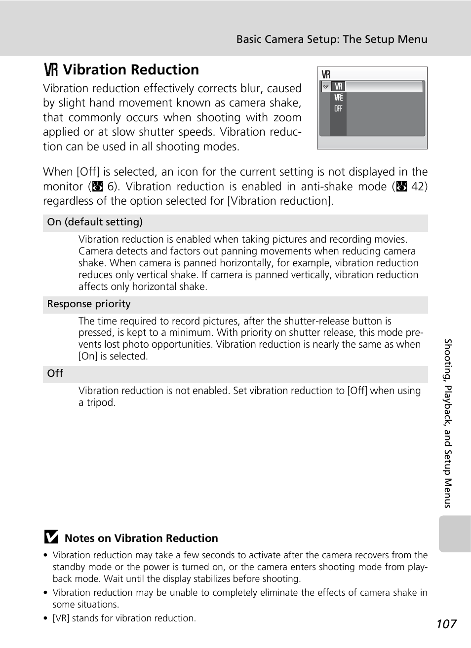 Vibration reduction, C 107, C 107) | On (c 107, N (c 107), C 107) and bss, Bvibration reduction | Nikon S500 User Manual | Page 119 / 147