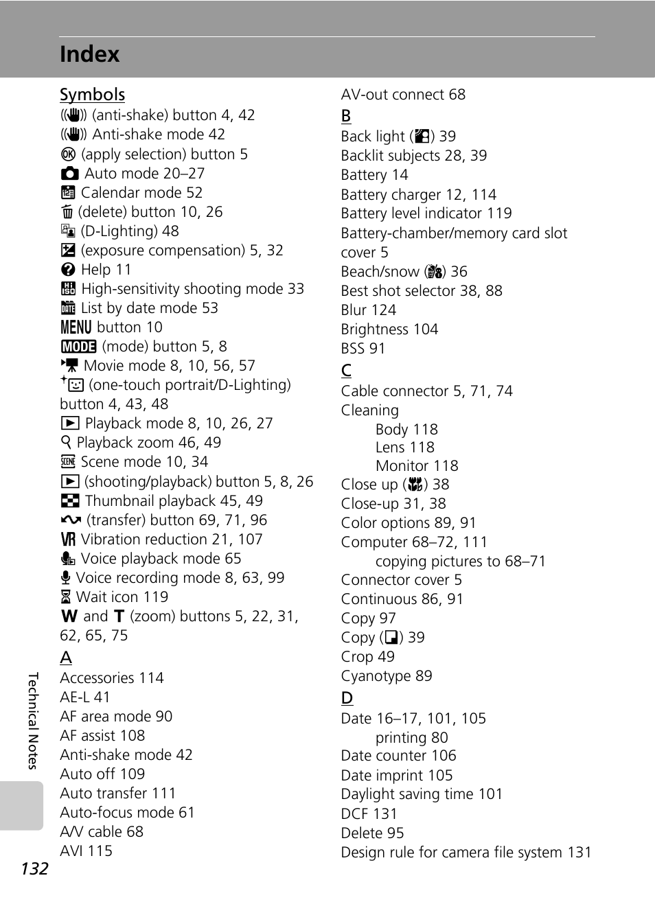 Index | Nikon S500 User Manual | Page 144 / 147