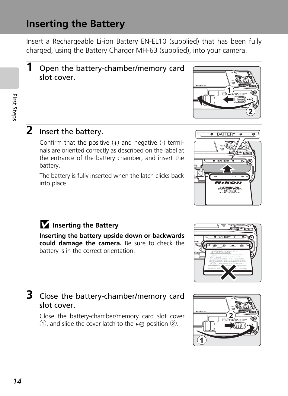 Inserting the battery, R (c 14, C 14) | C 14 | Nikon S500 User Manual | Page 26 / 147