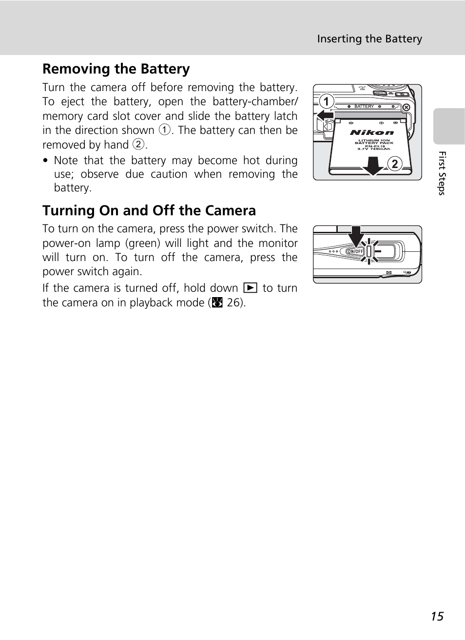 Removing the battery, Turning on and off the camera, Removing the battery turning on and off the camera | Nikon S500 User Manual | Page 27 / 147