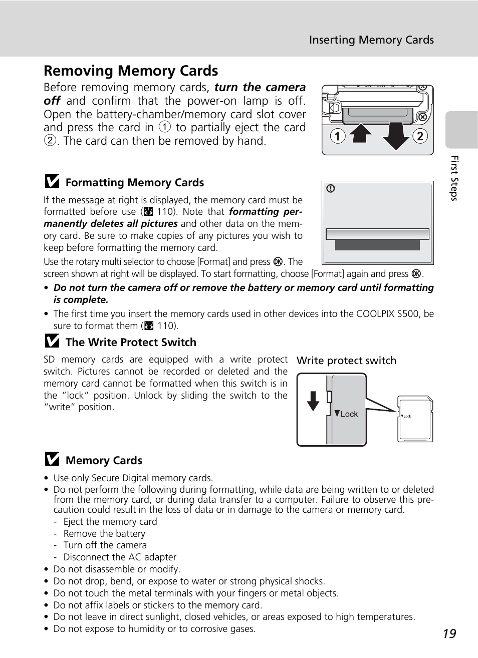 Removing memory cards | Nikon S500 User Manual | Page 31 / 147