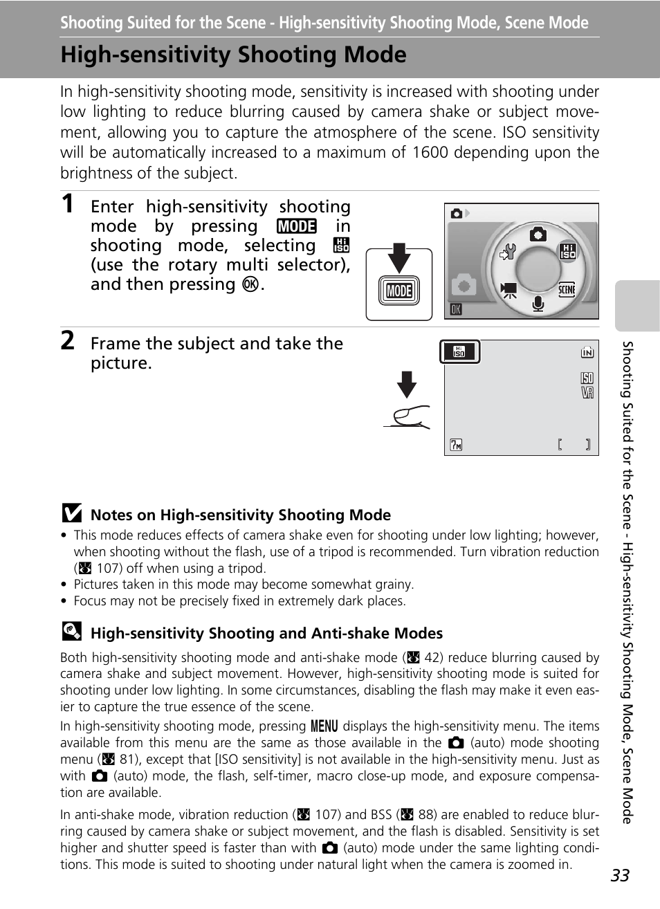 High-sensitivity shooting mode, Shooting suited for the scene, High-sensitivity shooting mode, scene mode | C 33, C 33) | Nikon S500 User Manual | Page 45 / 147