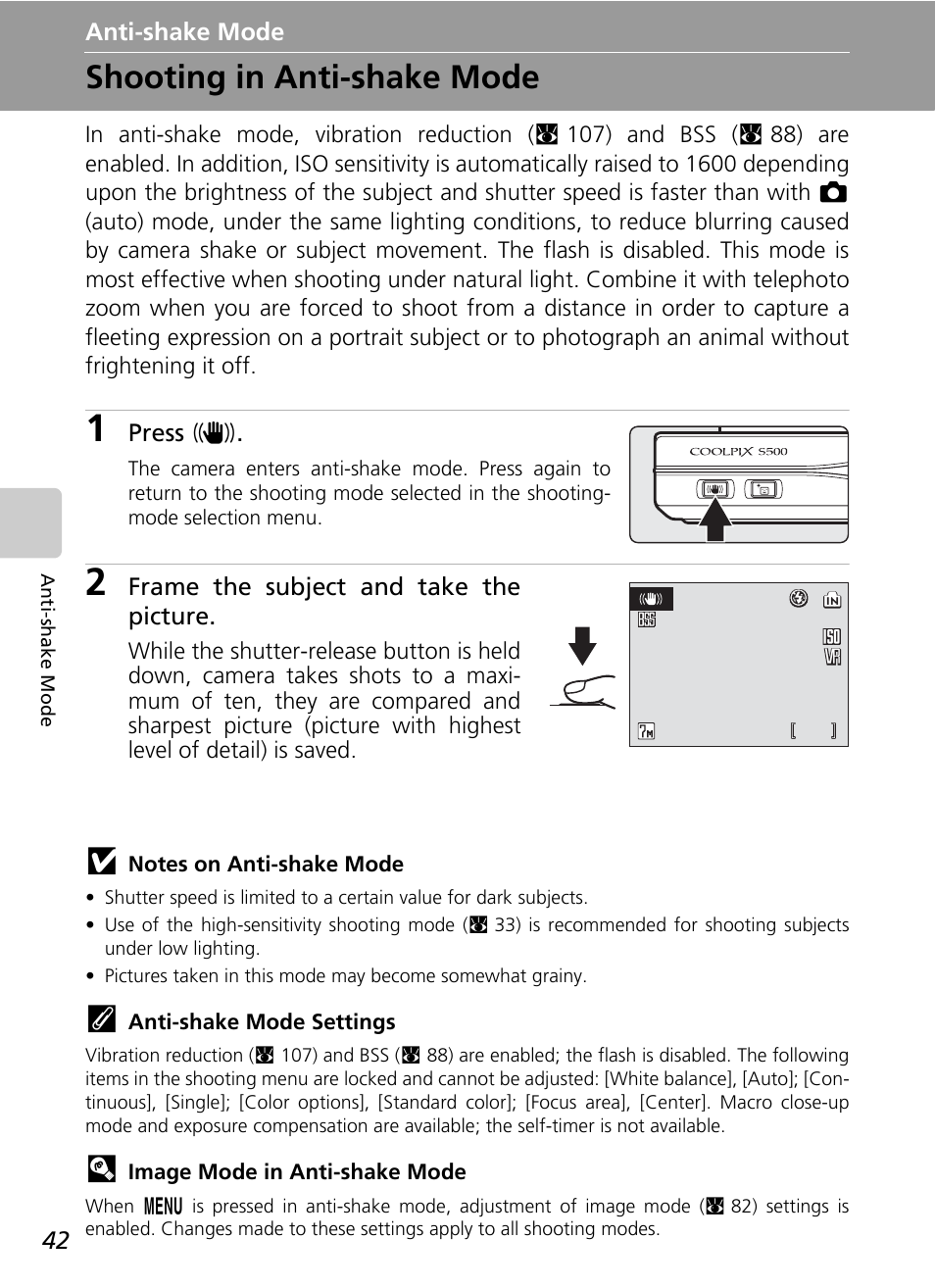 Anti-shake mode, Shooting in anti-shake mode, C 42) | De (c 42, C 42) reduce b | Nikon S500 User Manual | Page 54 / 147