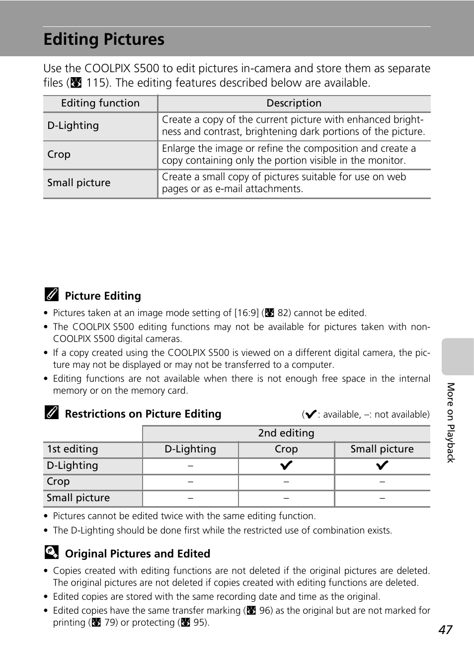 Editing pictures | Nikon S500 User Manual | Page 59 / 147