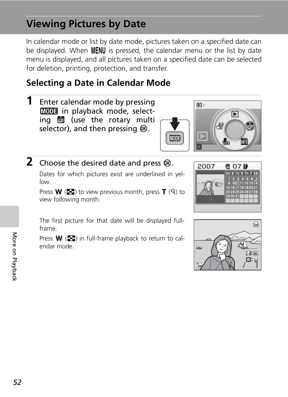 Viewing pictures by date, C 52, Selecting a date in calendar mode | Nikon S500 User Manual | Page 64 / 147