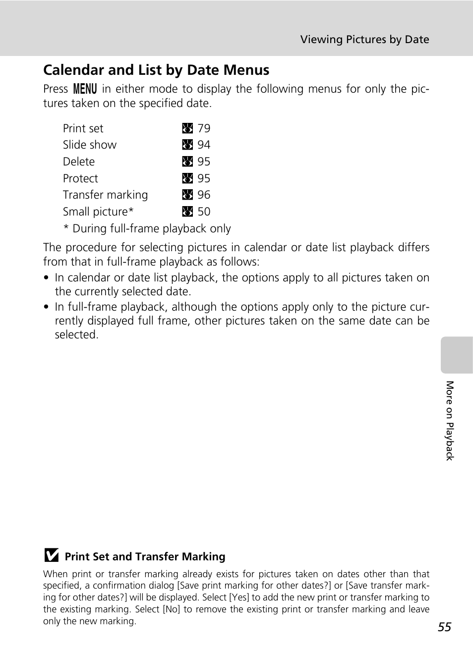 C 55, C 55), Calendar and list by date menus | Nikon S500 User Manual | Page 67 / 147