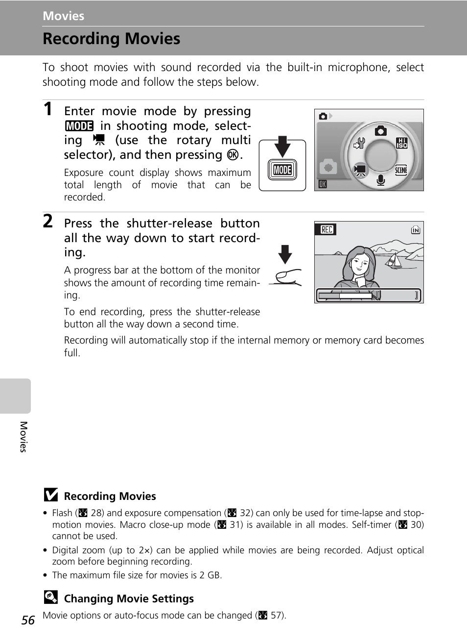 Movies, Recording movies, C 56) | Nikon S500 User Manual | Page 68 / 147