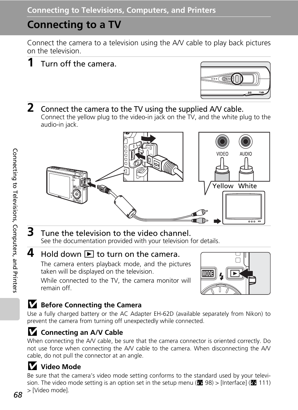 Connecting to televisions, computers, and printers, Connecting to a tv, C 68 | Nikon S500 User Manual | Page 80 / 147