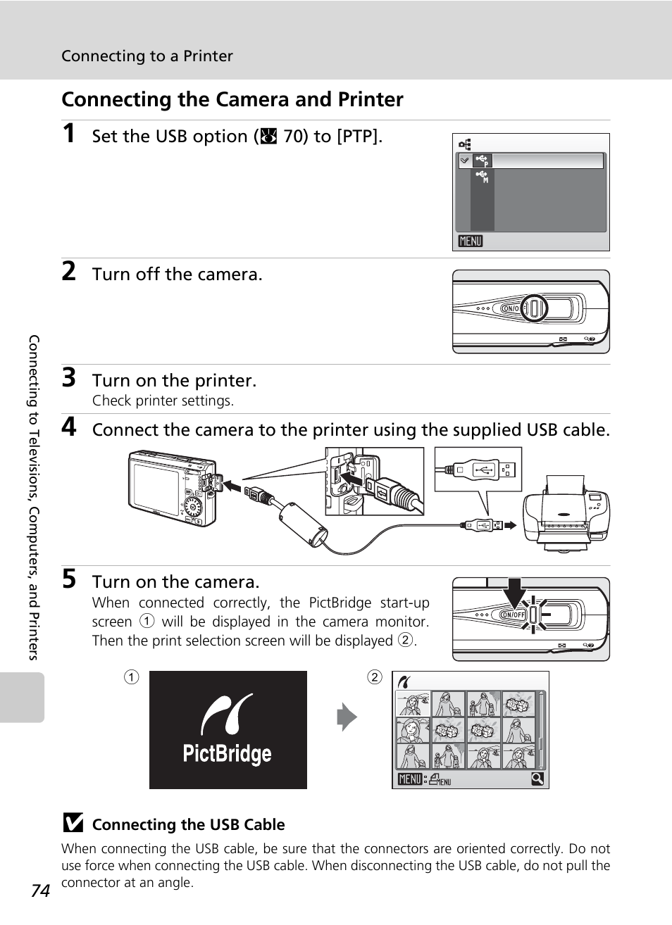 Connecting the camera and printer, R (c 74 | Nikon S500 User Manual | Page 86 / 147