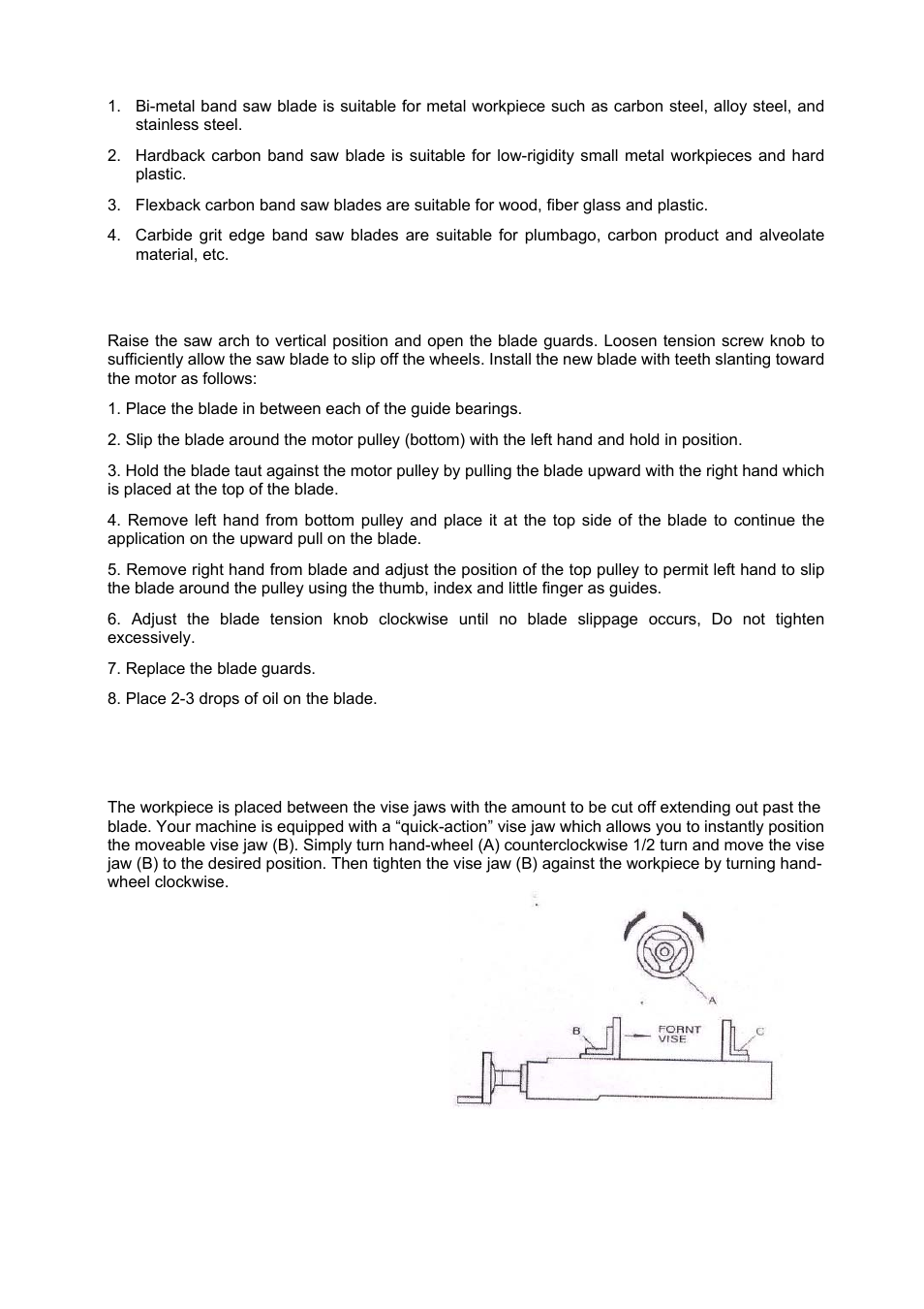 Changing the blade, Usage of the quick vise | Northern Industrial Tools Item# 145765 User Manual | Page 8 / 16