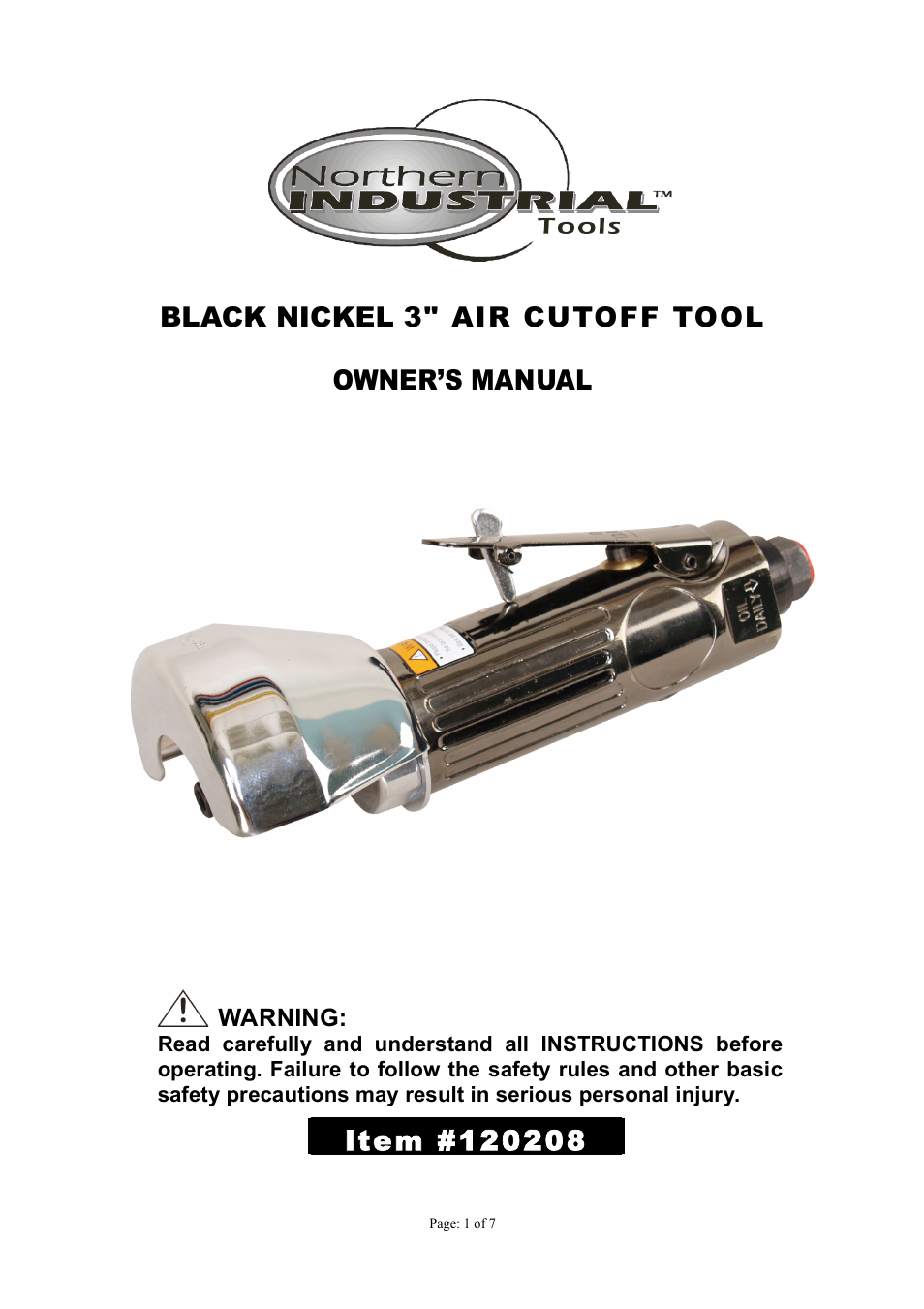 Northern Industrial Tools BLACK NICKEL 3" AIR CUTOFF TOOL User Manual | 7 pages