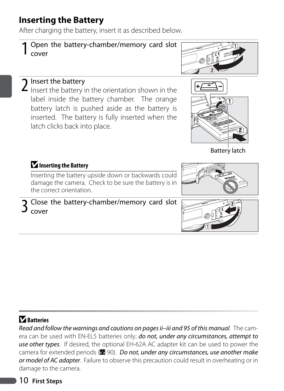 Inserting the battery | Nikon P5000 User Manual | Page 22 / 127