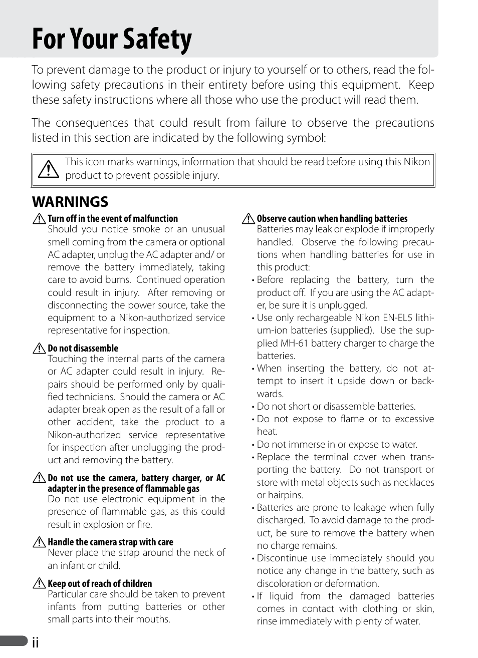 For your safety, Warnings | Nikon P5000 User Manual | Page 4 / 127