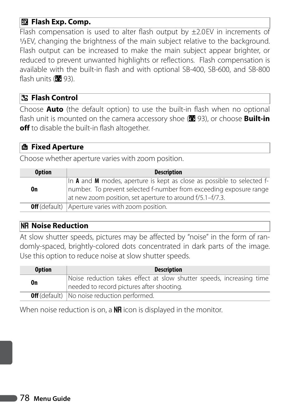 Flash exp. comp, Flash control, Fixed aperture | Noise reduction | Nikon P5000 User Manual | Page 90 / 127