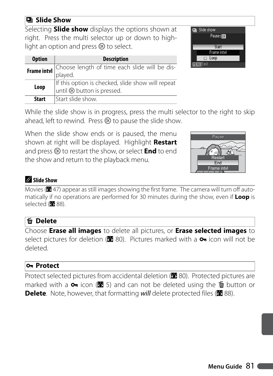 Slide show, Delete, Protect | Nikon P5000 User Manual | Page 93 / 127