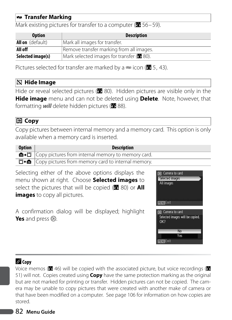 Transfer marking, Hide image, Copy | Nikon P5000 User Manual | Page 94 / 127