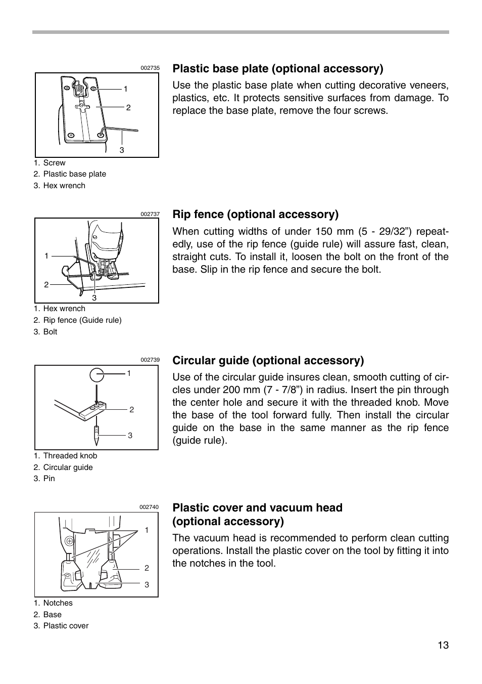 Plastic base plate (optional accessory), Rip fence (optional accessory), Circular guide (optional accessory) | Plastic cover and vacuum head (optional accessory) | Northern Industrial Tools 4331D User Manual | Page 13 / 24