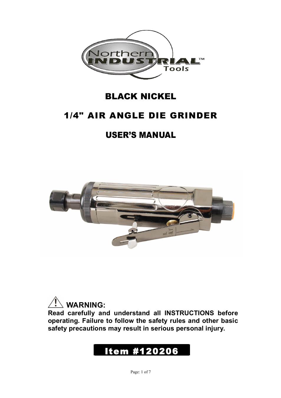 Northern Industrial Tools BLACK NICKEL 1/4" AIR ANGLE DIE GRINDER User Manual | 7 pages