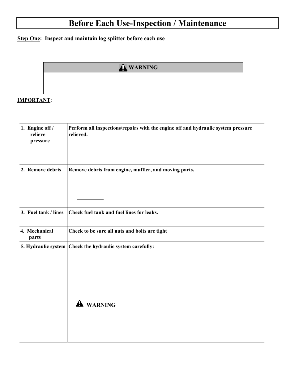 Before each use-inspection / maintenance | Northern Industrial Tools M1107C User Manual | Page 13 / 36