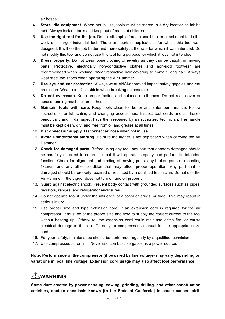 Warning | Northern Industrial Tools 120203 User Manual | Page 3 / 7