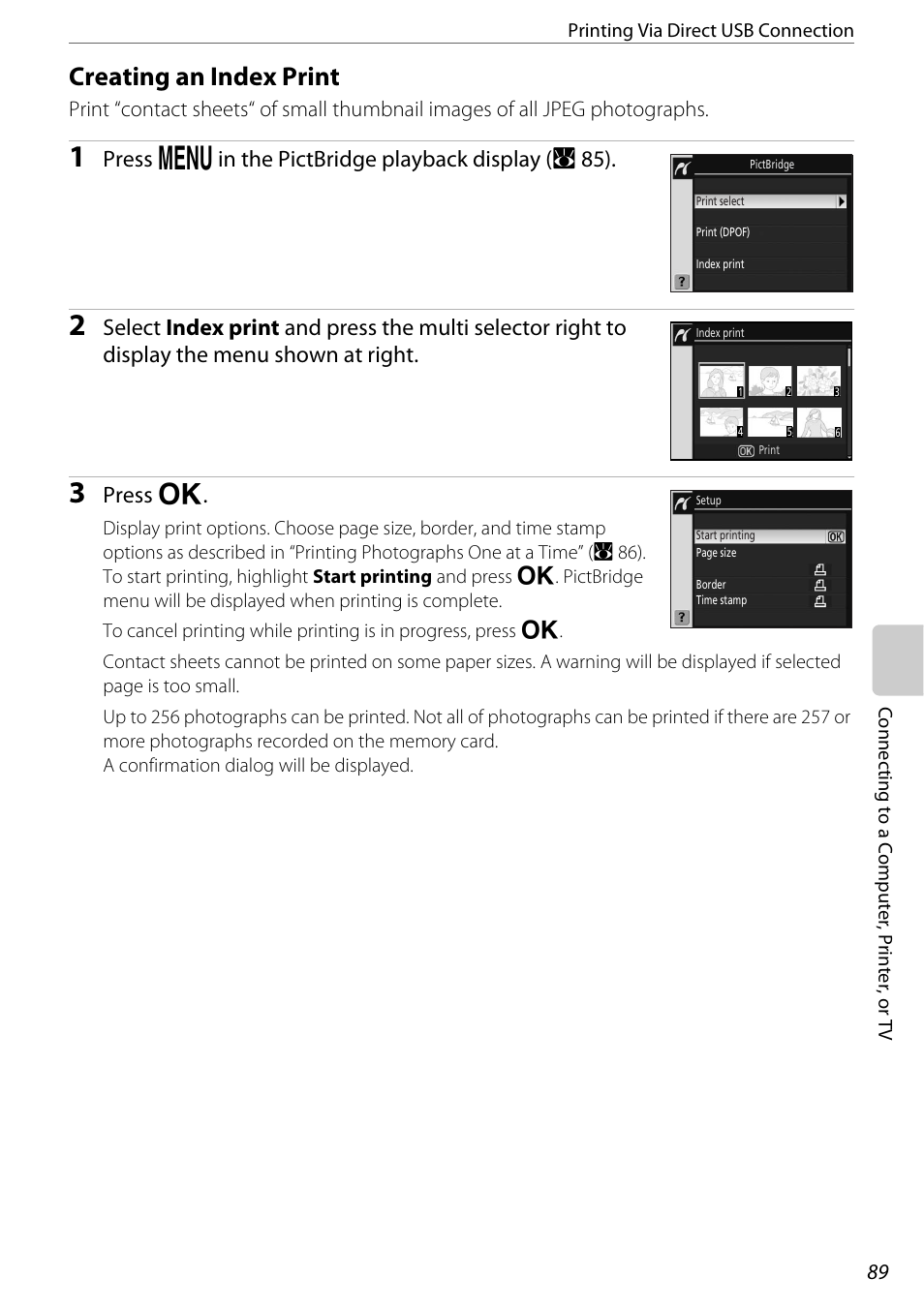 Creating an index print, Ts (a 89, Press o in the pictbridge playback display (a 85 ) | Press q | Nikon D60 User Manual | Page 101 / 204