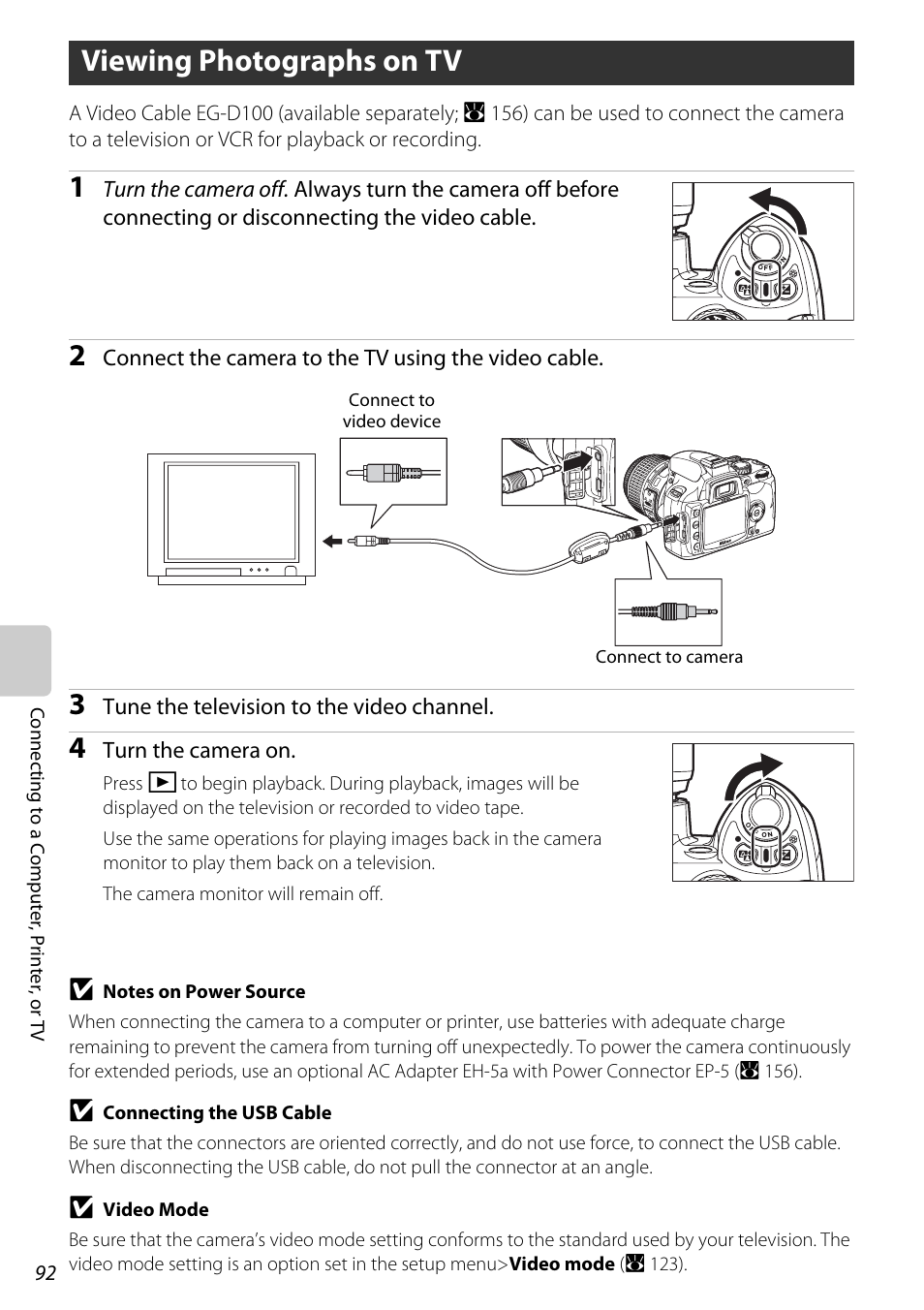 Viewing photographs on tv | Nikon D60 User Manual | Page 104 / 204