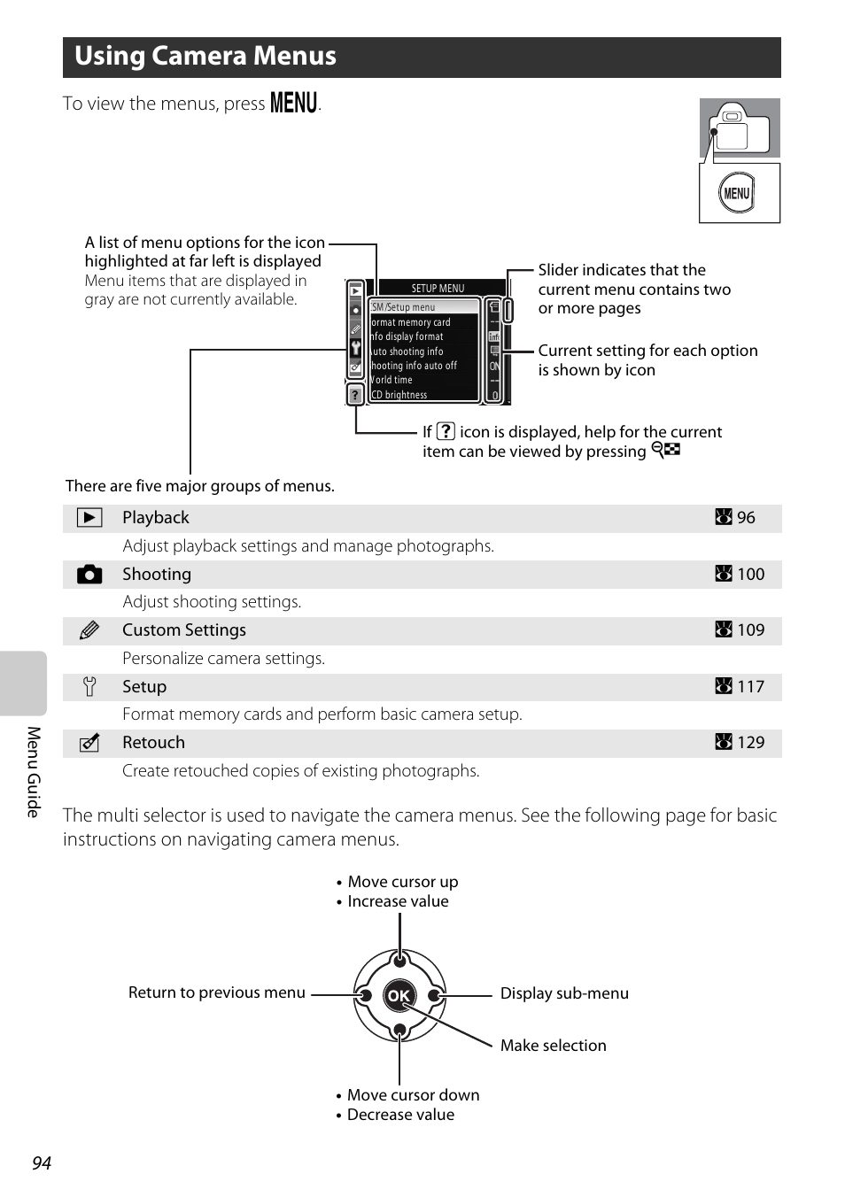 Using camera menus, A 94, A 94) | E “using camera menus” (a 94) | Nikon D60 User Manual | Page 106 / 204