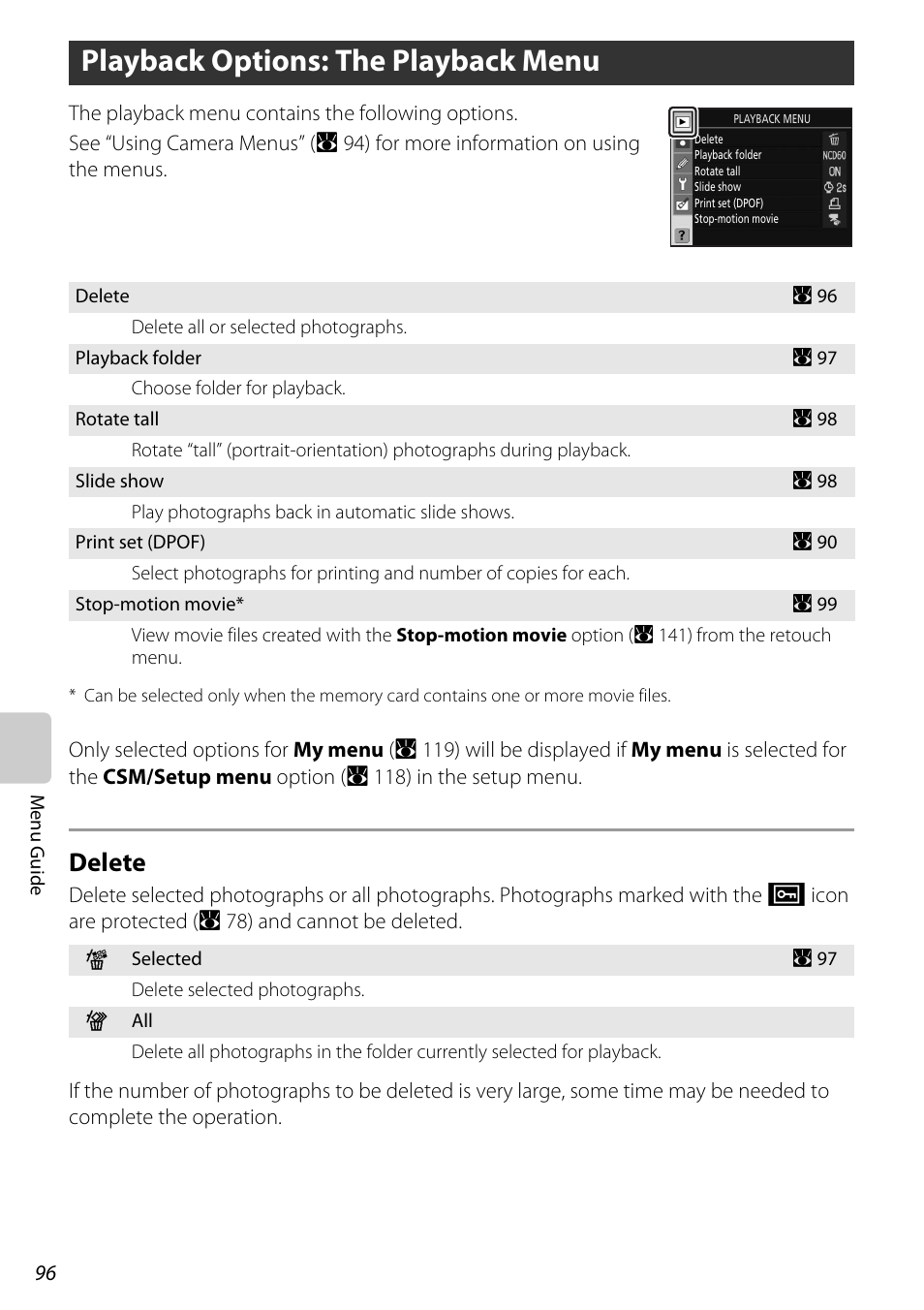 Playback options: the playback menu, Delete, A 96) | A playback options, The playback menu ( a 96), Delete (a 96), A 96 | Nikon D60 User Manual | Page 108 / 204