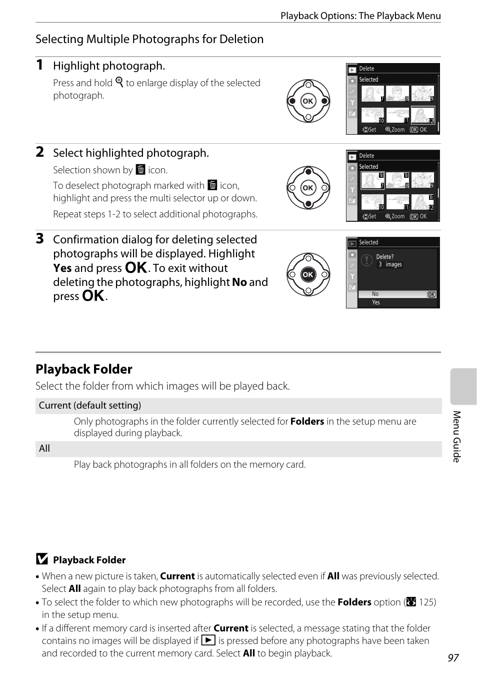 Playback folder, Playback folder (a 97), A 97 | Selecting multiple photographs for deletion, Highlight photograph, Select highlighted photograph | Nikon D60 User Manual | Page 109 / 204